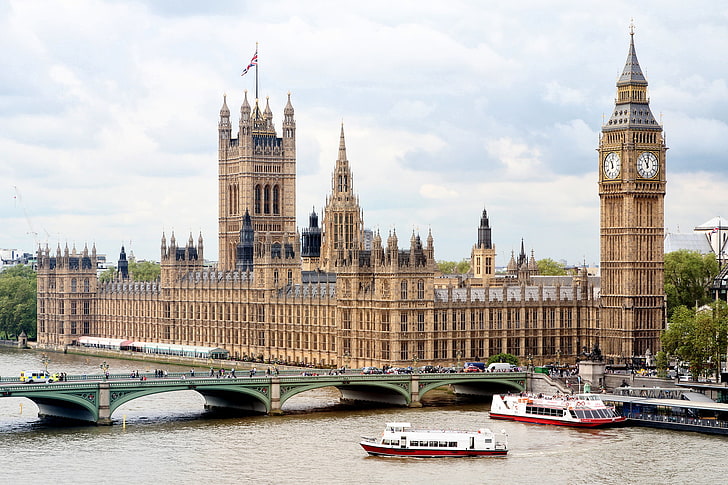Westminster Palace, London, bridge, river, England, ships, architecture, HD wallpaper