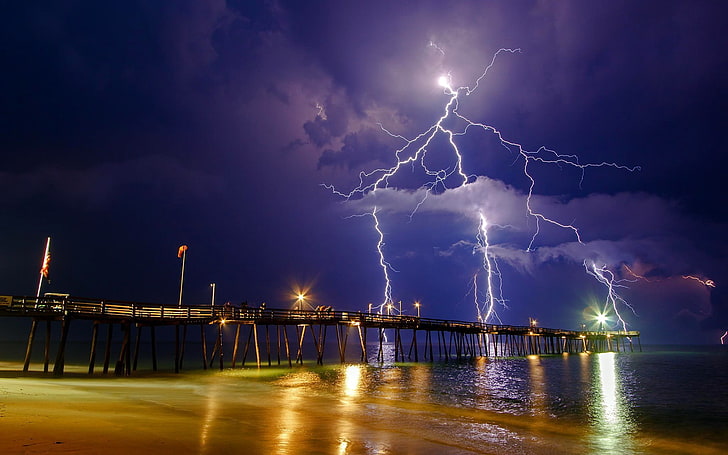 brown wooden dock, nature, pier, lightning, sea, storm, power in nature, HD wallpaper