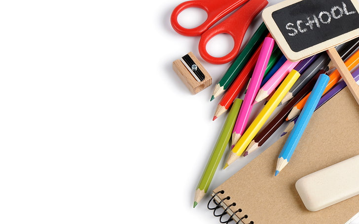 coloring pencil lot, pencils, white background, notebook, colorful, HD wallpaper