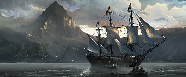 black sail ship, sea, Assassin's Creed IV: Black Flag, Assassin's Creed 4: Black Flag, HD wallpaper