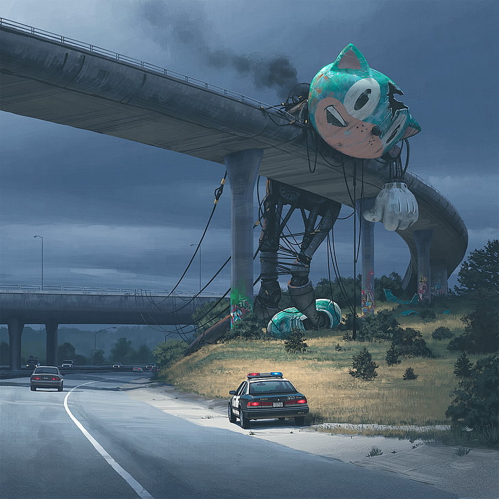 Sonic on bridge painting, Simon Stålenhag, transportation, mode of transportation