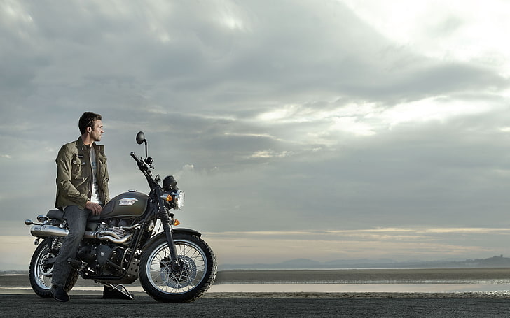 black standard motorcycle, Triumph, Scrambler, cloud - sky, water