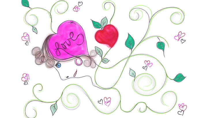heart and leaves illustration, love, studio shot, plant, white background