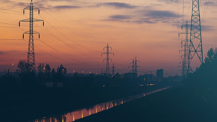 landscape, power lines, sunset, canal, traffic, dark, sky