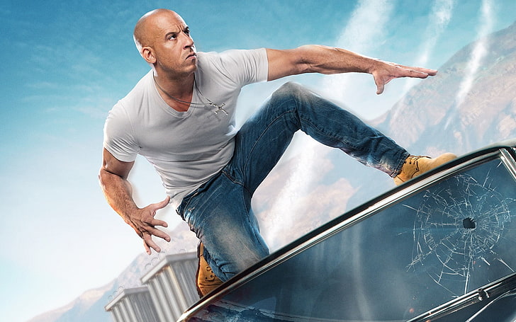 men, actor, jeans, Vin Diesel, Fast and Furious, T-shirt, bald head, HD wallpaper