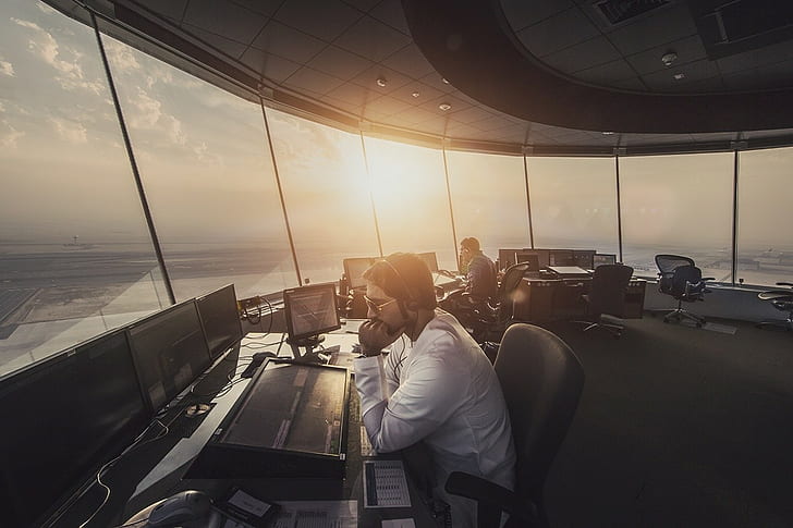 airport, glass, workers, sunset, air traffic control, flight control