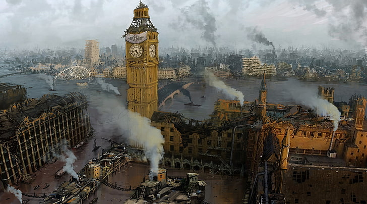 artwork, London, apocalyptic, digital art, England, UK, smoke, HD wallpaper