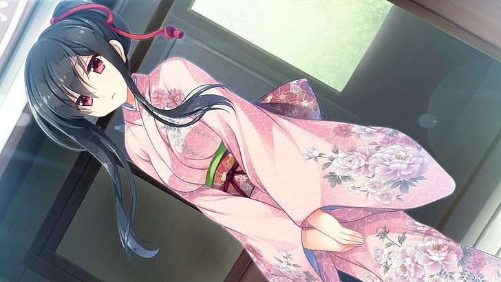 anime, anime girls, brunette, long hair, Japanese clothes, kimono, HD wallpaper