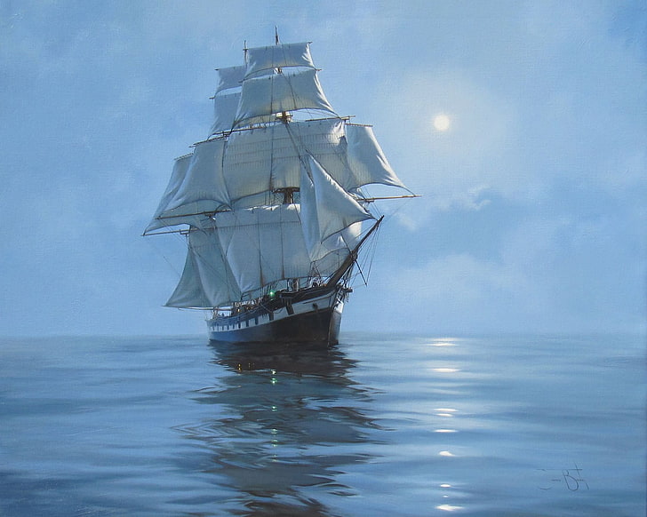 white and gray galleon painting, sea, ship, sailboat, picture