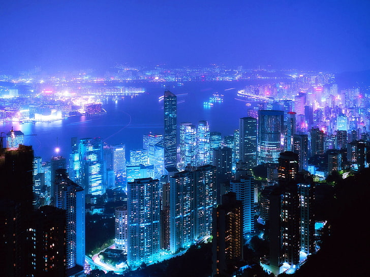 city skyscraper, city lights, night, buildings, top view, fog, HD wallpaper