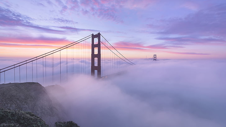 The Golden Gate Bridge, landscape, 360 Bridge, mist, sunrise, HD wallpaper
