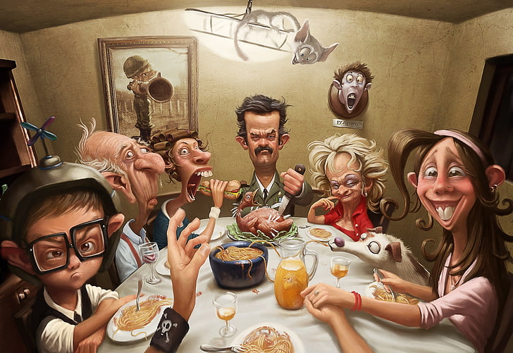 family dinner painting, Table, Food, Freaks, Relatives, people, HD wallpaper