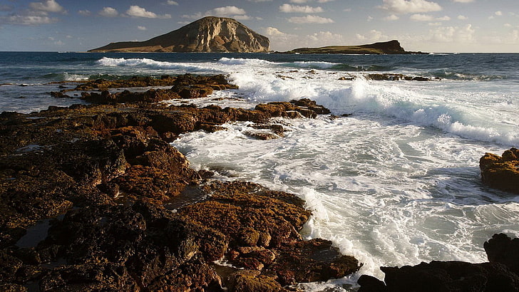 brown mountain, landscape, sea, coast, island, waves, rocks, water