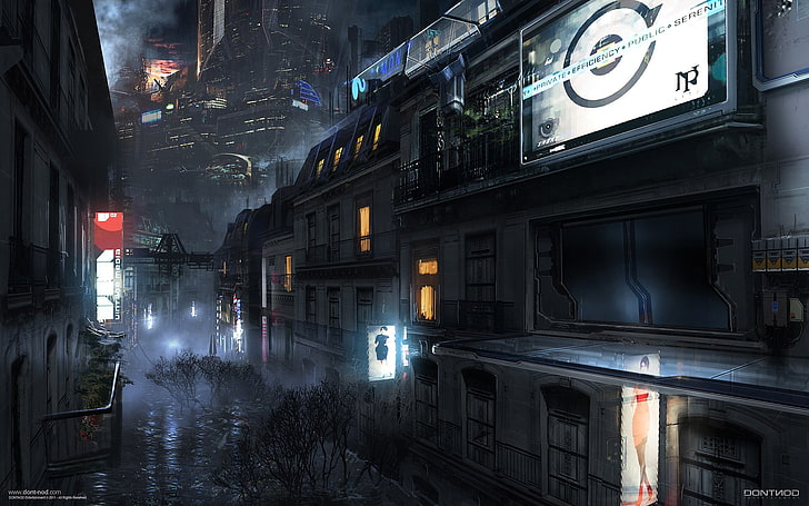 lighted signboards, futuristic city, science fiction, building exterior
