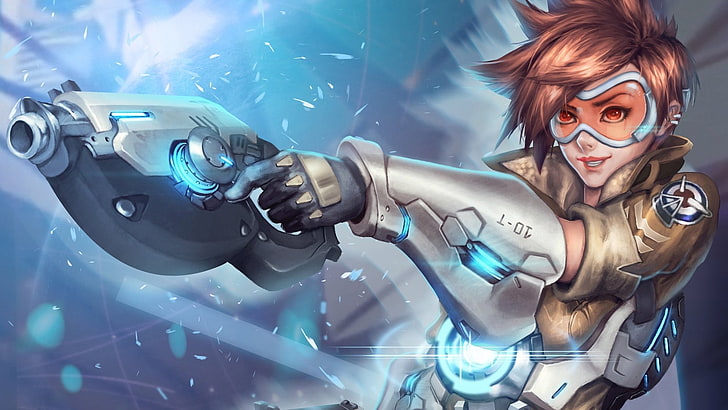 female character with weapon graphic artwork, Overwatch, Tracer (Overwatch), HD wallpaper