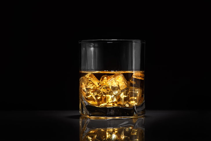 ice, glass, alcohol, whiskey, studio shot, black background