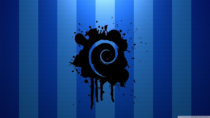 black whirl logo, Linux, GNU, Debian, blue, indoors, technology