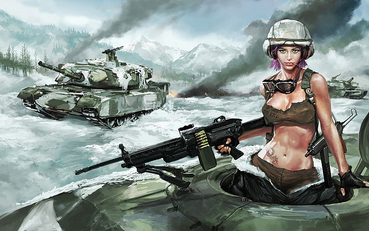 woman holding assault rifle digital wallpaper, girl, snow, tank, HD wallpaper