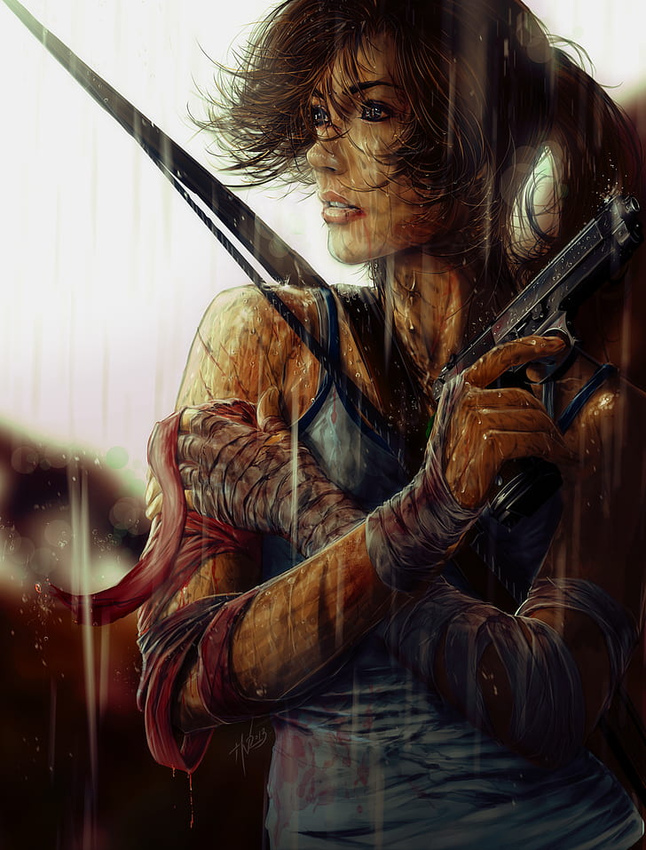 Lara Croft, Tomb Raider, rain, bandage, video games