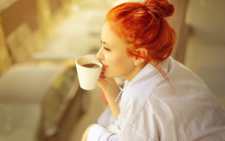 women, redhead, coffee, cup, model, drink, food and drink, one person