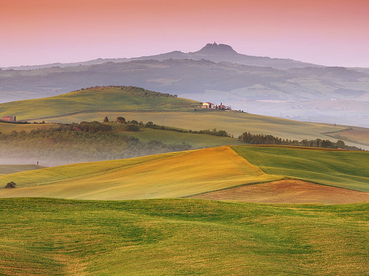 green fields, grass, sky, summer, hill, nature, val d'Orcia, tuscany, HD wallpaper