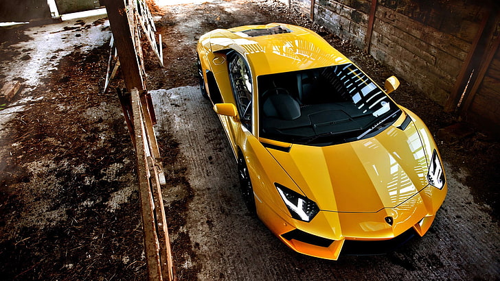 yellow Lamborghini supercar, Lamborghini Aventador, yellow cars