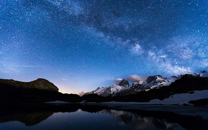Night, lake, mountains, sky, stars, water reflection, star filled evening sky