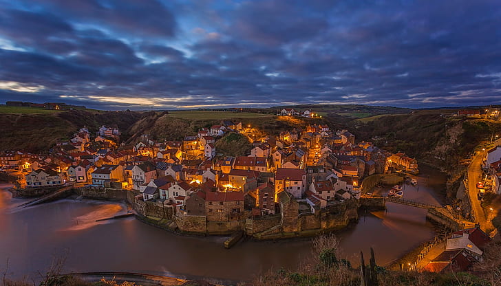river, England, building, home, village, panorama, town, North Yorkshire, HD wallpaper