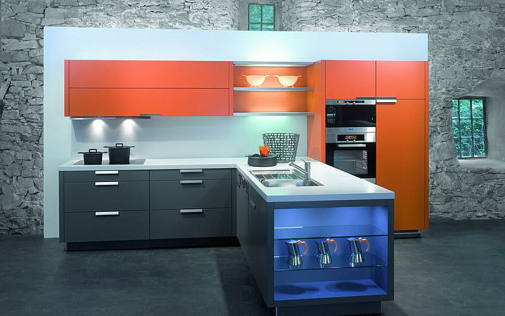 Orange and gray kitchen furniture, white, blue, and orange kitchen aisle, HD wallpaper