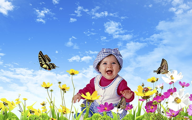 baby's blue and white pajama top, child, nature, boy, smile, happy, HD wallpaper