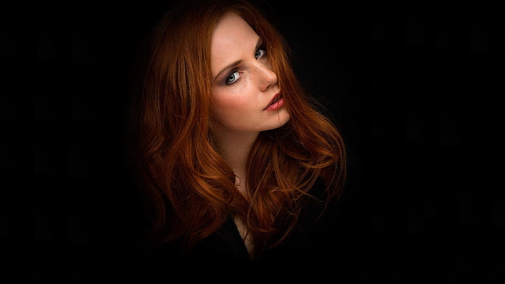 women, model, face, portrait, redhead, black background, beauty