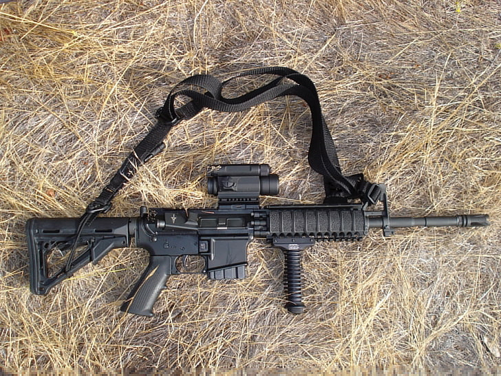black rifle with scope, grass, weapons, gun, strap, ar15, field
