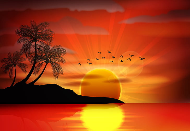 sea, sunset, birds, palm trees, vector, island, silhouette