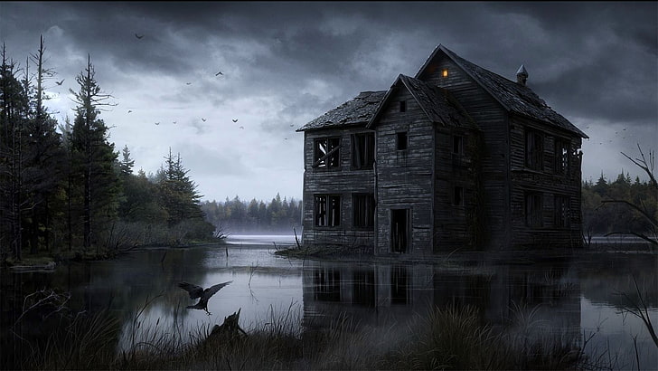 gray brick 2-storey house, water, fantasy art, artwork, lake