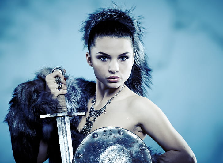 warrior girls, dark hair, women, model, sword, shield, bare shoulders, HD wallpaper