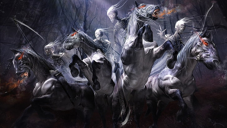 horses, spooky, sword, halloween, skeleton, fantasy, weapons, HD wallpaper