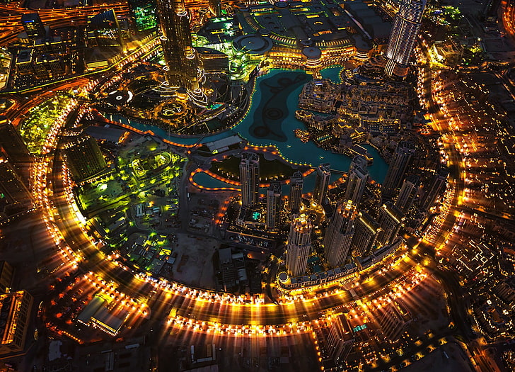 round black and brown wooden table, cityscape, Dubai, aerial view
