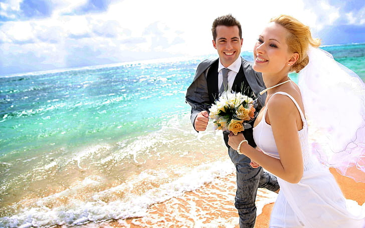 Man-Woman-Wedding-Photos-sea-beach-love couple-HD Wallpaper-2560×1600, HD wallpaper
