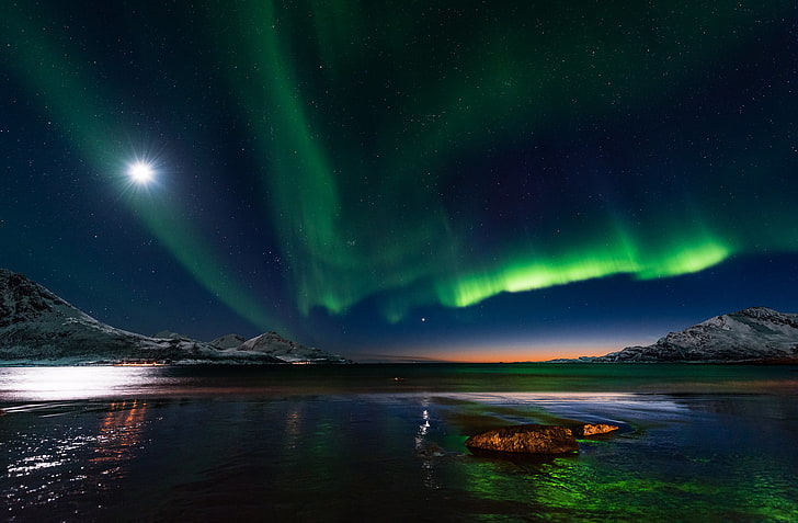 Aurora borealis, water, stars, trees, night, Northern lights