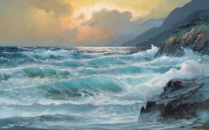 raging sea waves illustration, painting, art, storm, rock, nature, HD wallpaper