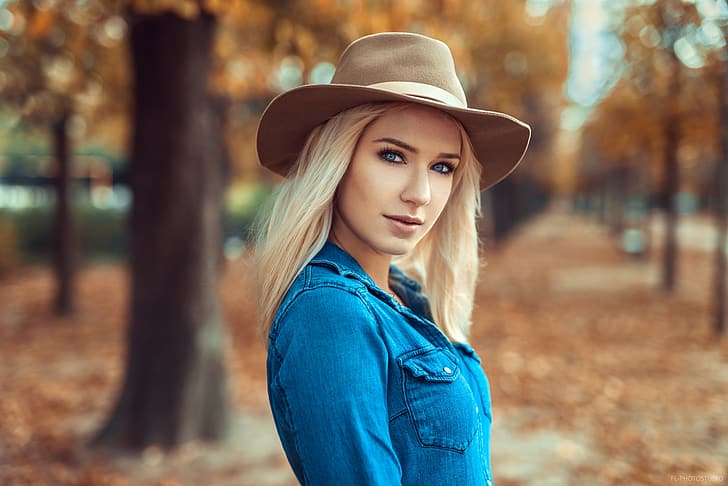 girl, long hair, trees, hat, photo, photographer, blue eyes, HD wallpaper