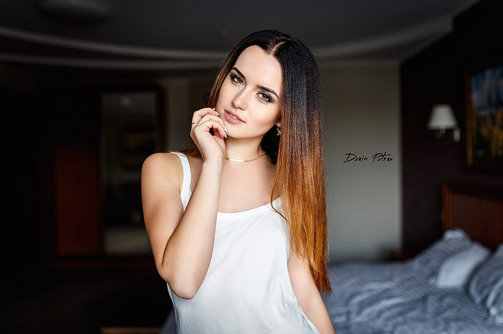 women, model, portrait, bed, dyed hair, Denis Petrov, brunette, HD wallpaper