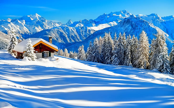 Winter, snow, house, trees, nature, forest, mountains, sky, white, HD wallpaper