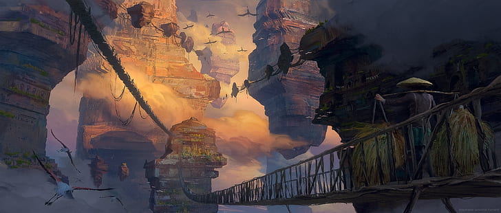 fantasy landscape, bridge, strawhat, floating island, HD wallpaper