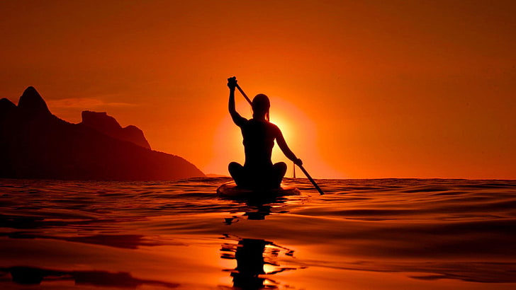 sunset, surfer, sea, nature