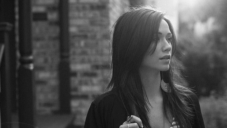 women's black top, grayscale photo of woman, Megan Lyn, model, HD wallpaper