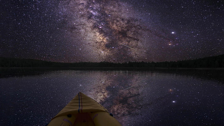 boat during nighttime wallpaper, stars, space art, landscape