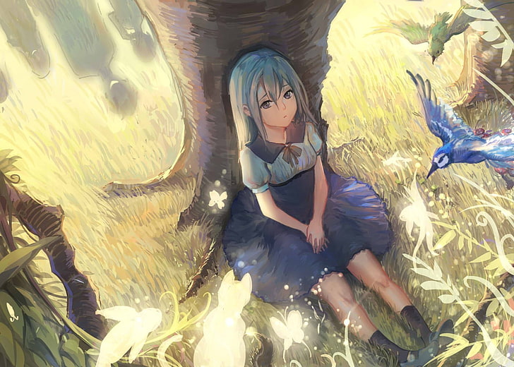 anime girls, birds, trees, original characters, blue hair, one person