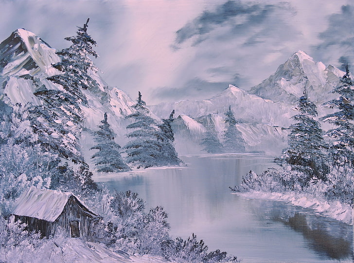 black shack covered with snow near body of water painting, winter