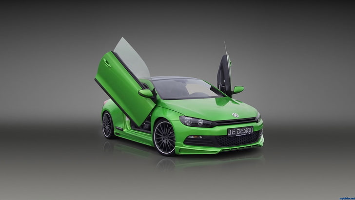 green coupe, car, Volkswagen Scirocco, studio shot, mode of transportation